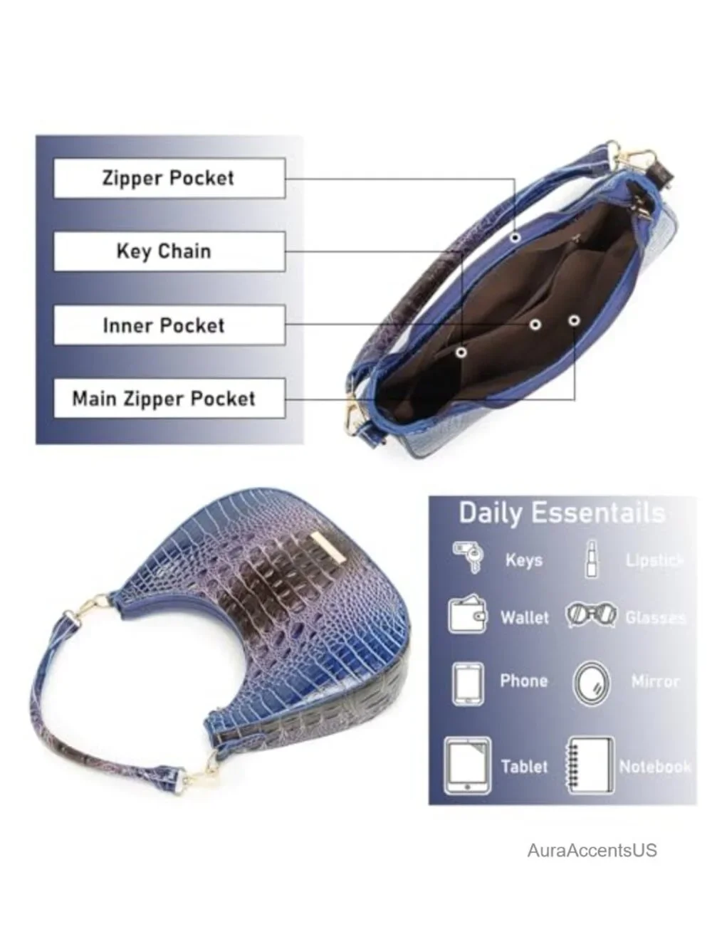Vegan Leather Crocodile Hobo Bag Crescent Shoulder Purse Clutch Handbag